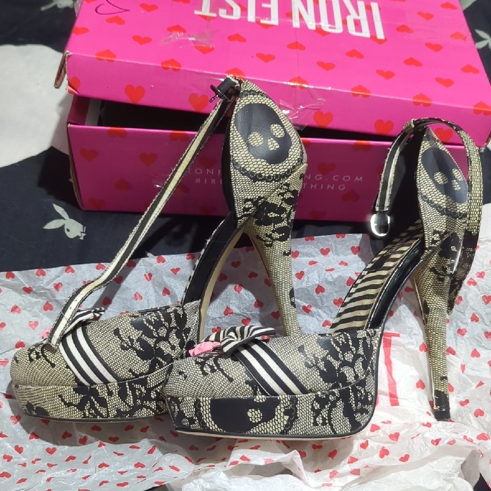 Iron Fist Black and Cream Striped Heels with Pink Accents - Picture 4 of 4